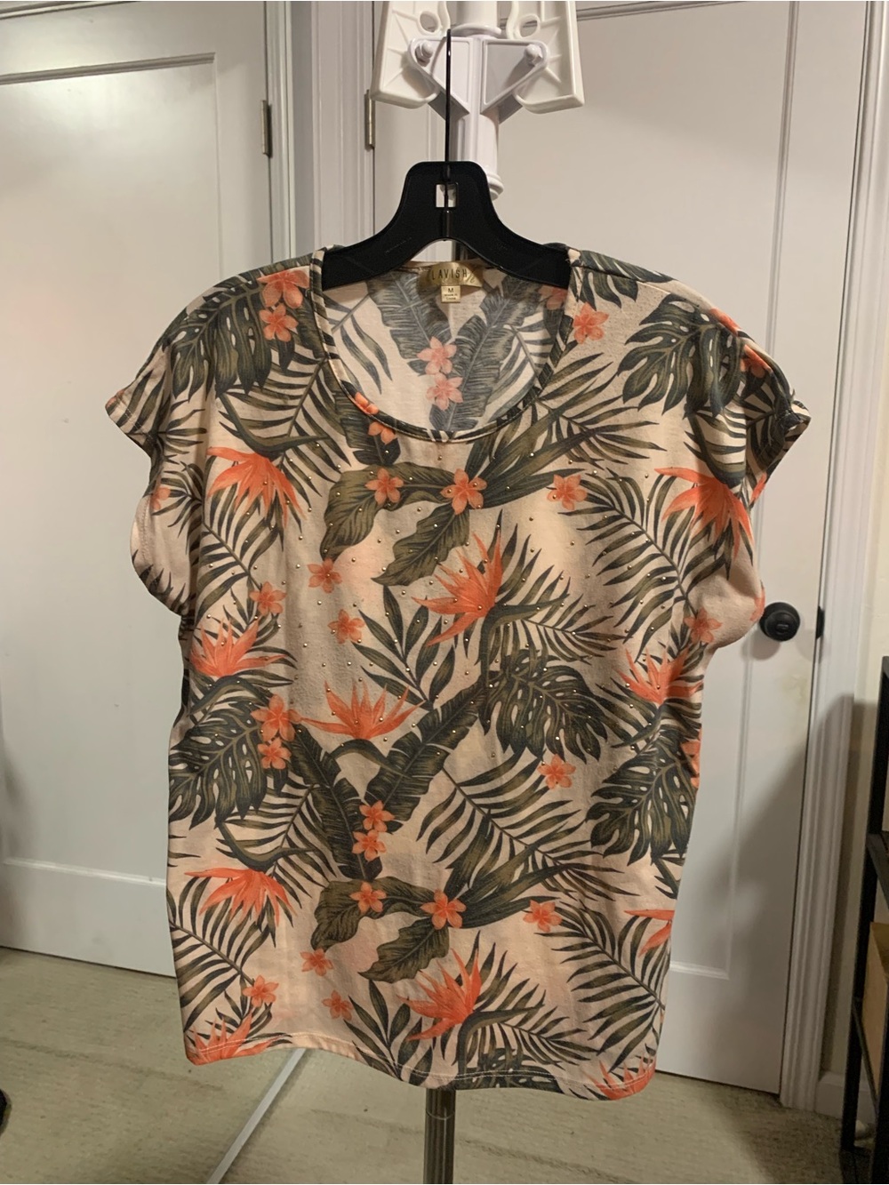 Lavish Tropical Floral Short Sleeve Women’s Top - Orange/Green, Medium